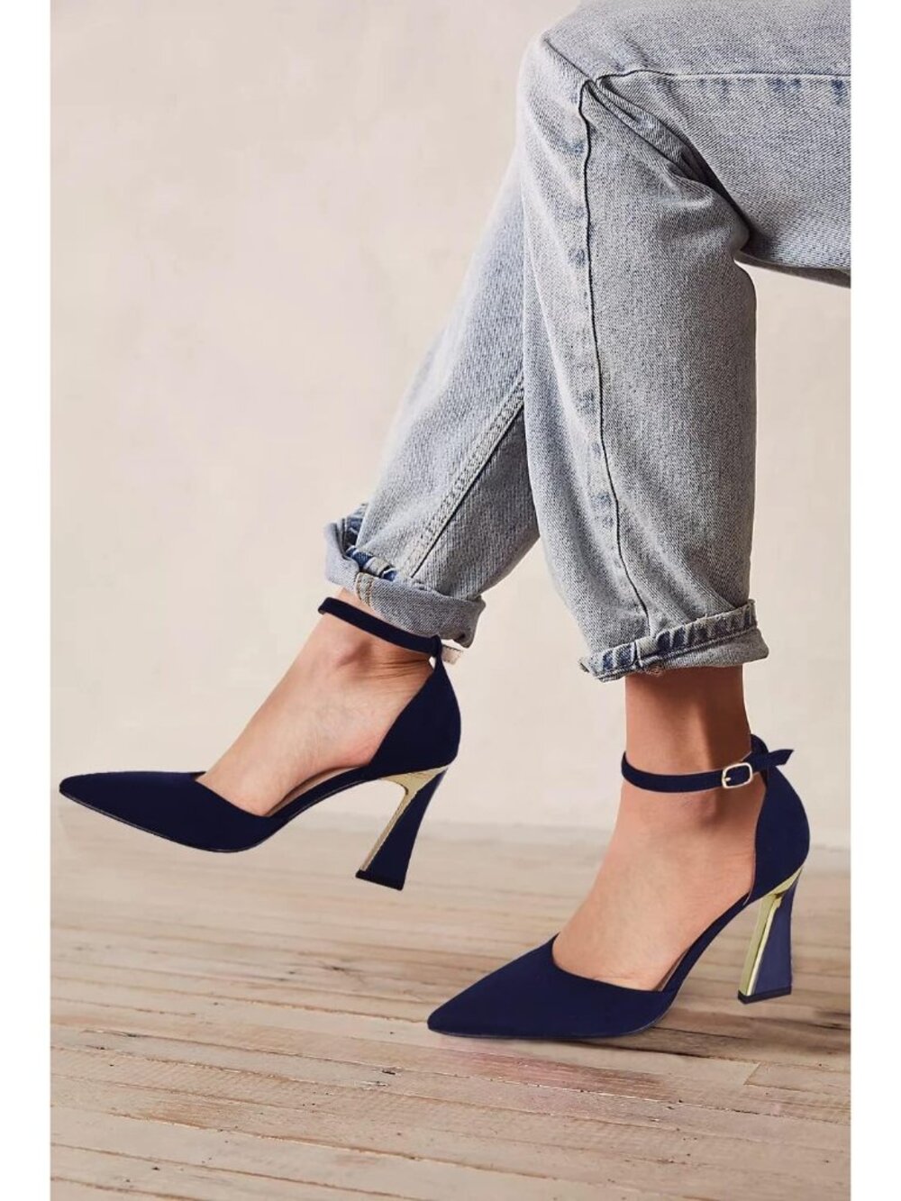 Women's Navy Pumps Point Closed Toe Heels Buckle Ankle Strap Heeled Sandals - Picture 4 of 6